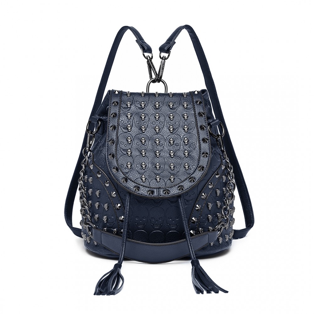 L1414 Miss Lulu Skull Studded Backpack Shoulder Bag Navy